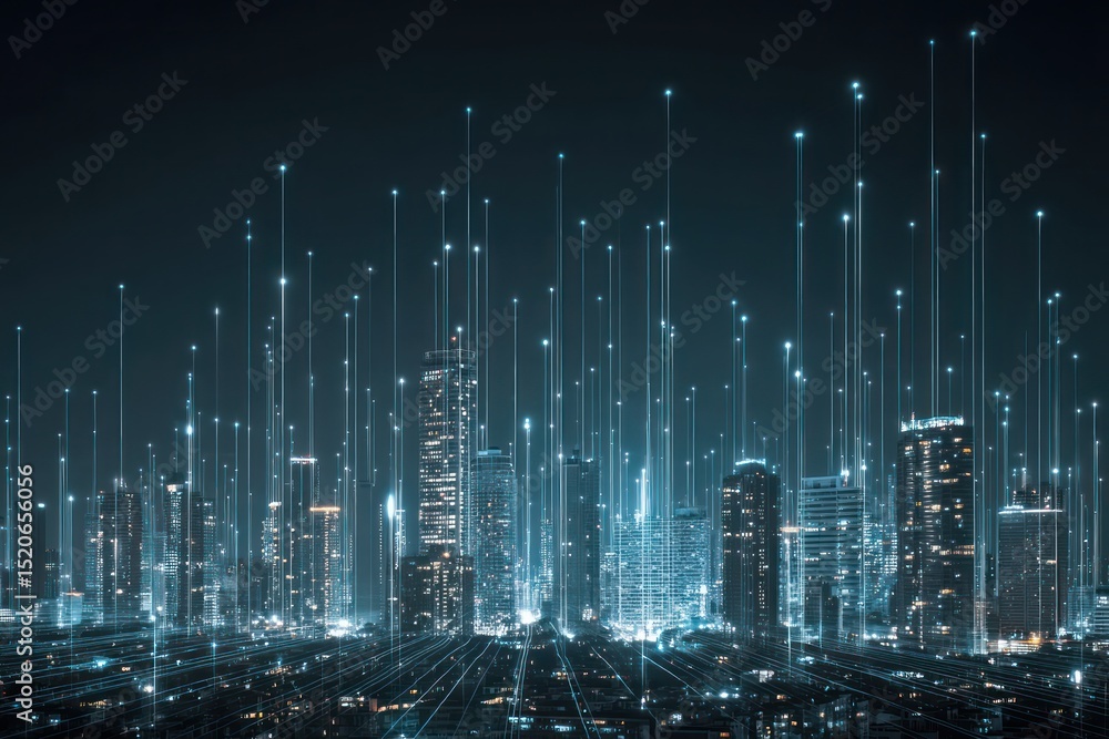 Cityscape with illuminated buildings and flowing data streams linking modern structures. Cityscape with illuminated buildings and flowing data streams linking modern structures.