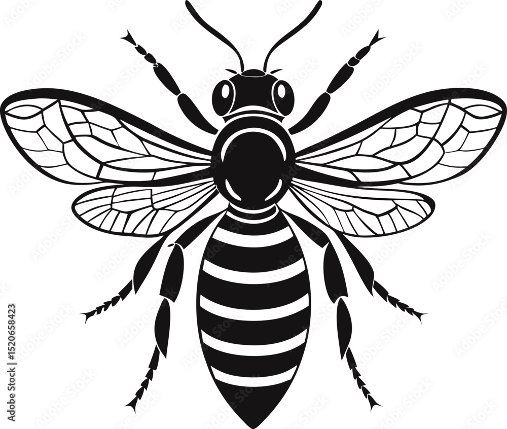 Stylized black and white illustration of a bee with intricate wing details. Stylized black and white illustration of a bee with intricate wing details.