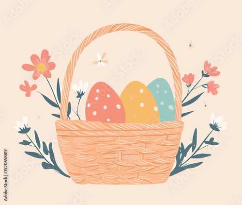 Decorative basket filled with colorful Easter eggs and flowers.