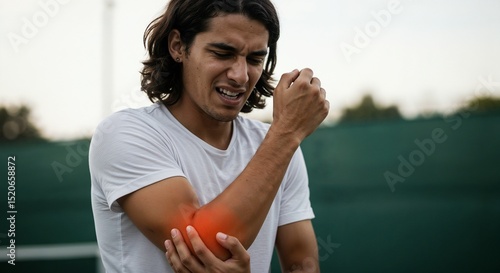 A young male tennis player is visibly discomforted, 
tennis elbow. holding his right elbow with a pained expression. He practices on a green court surrounded by fencing, indicating a warm day.