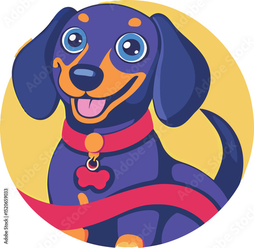 Cheerful purple dachshund with big blue eyes, wearing a red collar on a bright background.