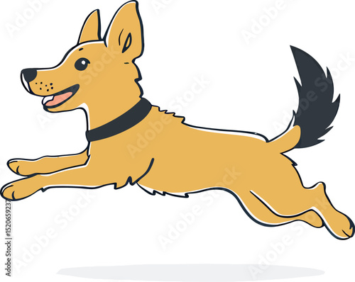 A cheerful yellow dog joyfully leaps in playful motion.