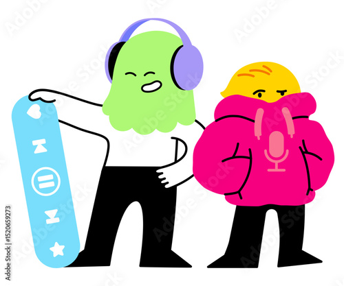 Characters listening to music and podcasts