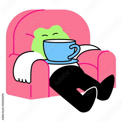 Character with coffee cup sleeping in armchair