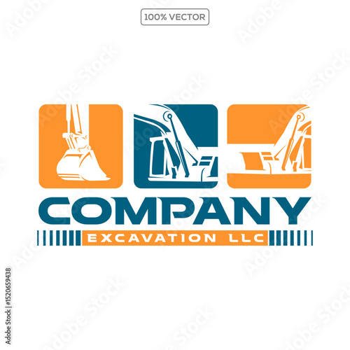 excavator construction, excavator earthworks, and heavy equipment logo design template
