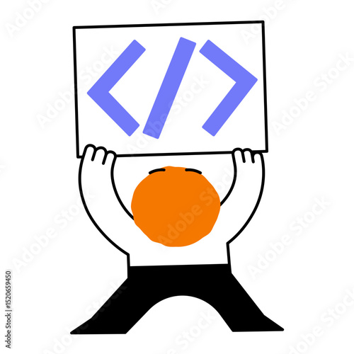 Character holding up the coding symbol 
