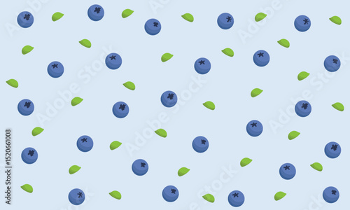 Blueberries seamless pattern. Berries with leaves background. Original simple flat illustration. Flat cartoon style.