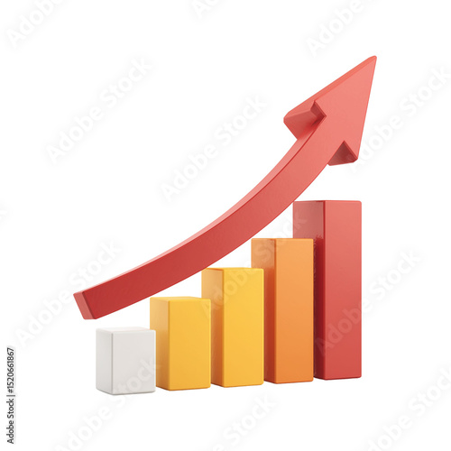 A bar graph with ascending columns and a red arrow pointing upwards on a white background scene render
