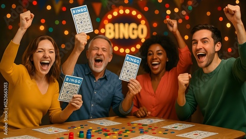 Exciting Bingo Night Celebration – Players Cheering Over Winning Cards in a Festive Atmosphere