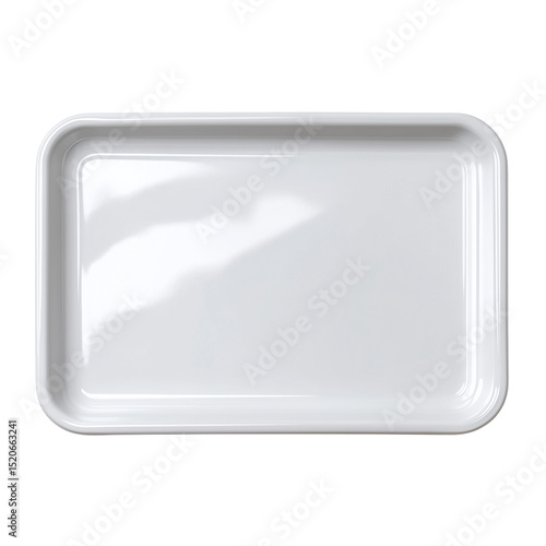 A simple close up shot of an empty white rectangular tray isolated against a white background plain studio shot