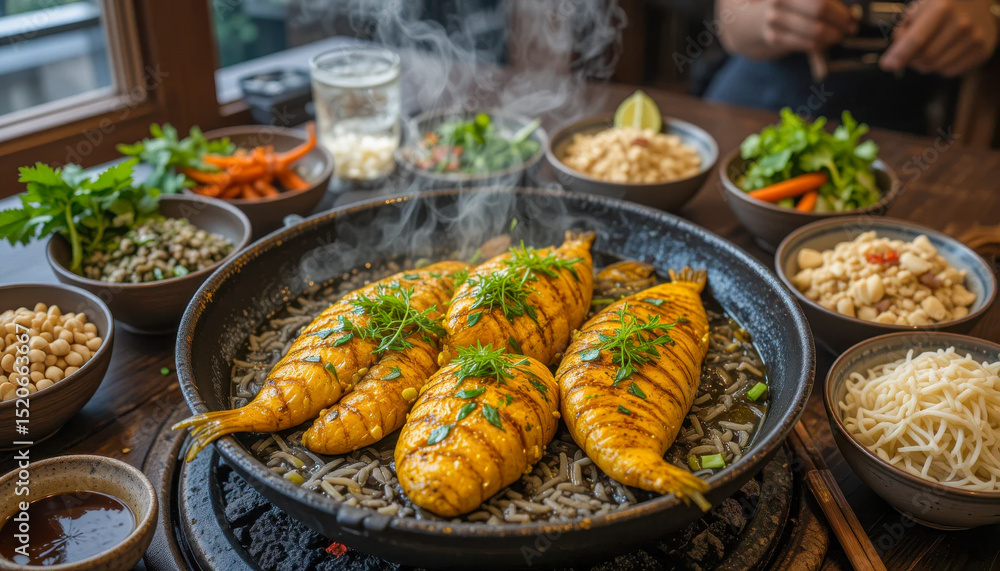 Obraz premium Aromatic grilled fish with herbs on a hot pan, surrounded by an array of Vietnamese side dishes