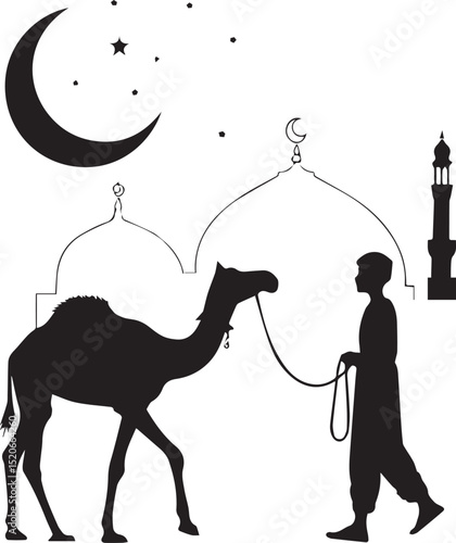 camel vector art black and white, cute camel, camel & mosque edul adha vector design