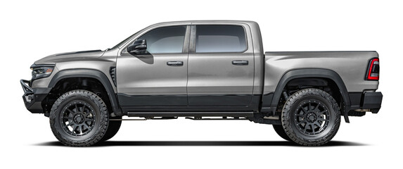 Modern powerful American gray pickup truck, side view in png format.