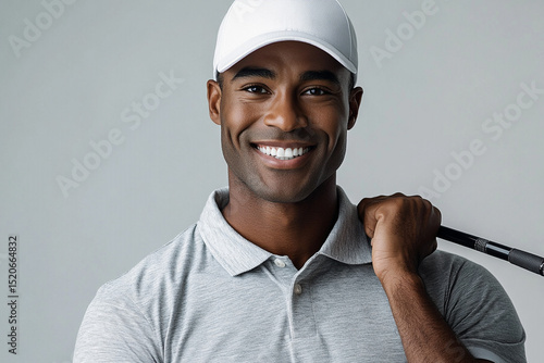 Smiling African American Golfer with White Cap and Gray Polo Shirt Portrait