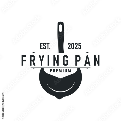 vintage retro design cooking logo concept with black silhouette frying pan simple template restaurant brand logo, cafe, bar