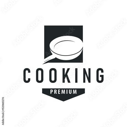 vintage retro design cooking logo concept with black silhouette frying pan simple template restaurant brand logo, cafe, bar