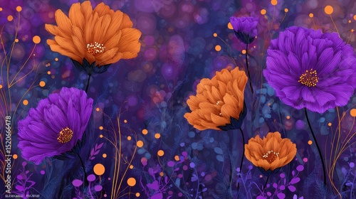 Botanical bliss: Purple and orange flowers in a dreamlike garden, accented with a captivating, abstract dark background.