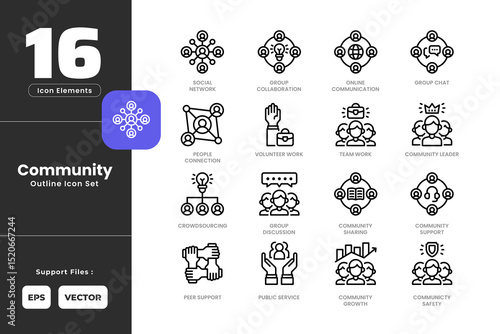 Community Icon Set Collection with Outline or Line Art Style.Including Community, Safety, Growth, Leader, Sharing, Support, Crowdsourcing, Group, Chat, Collaboration, Discussion, Online, Communication