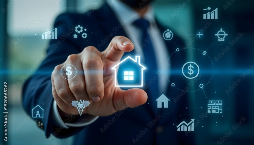 Fototapeta premium Smart Home Management Man Interacting with Property Technology Interface
