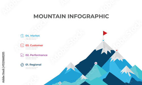 Route to Success Mountain Infographic Design is a successful startup business. Presentation slide template, Vector illustration