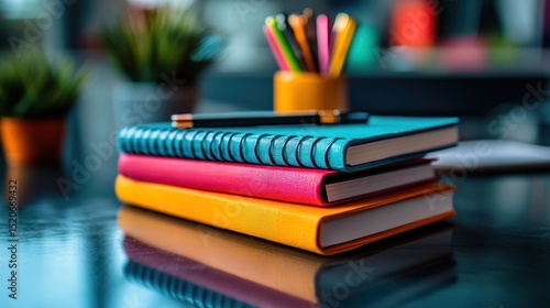 a vibrant composition featuring stacked notebooks in eye-catching hues of yellow, pink, and turquoise, set against a blurred backdrop of greenery