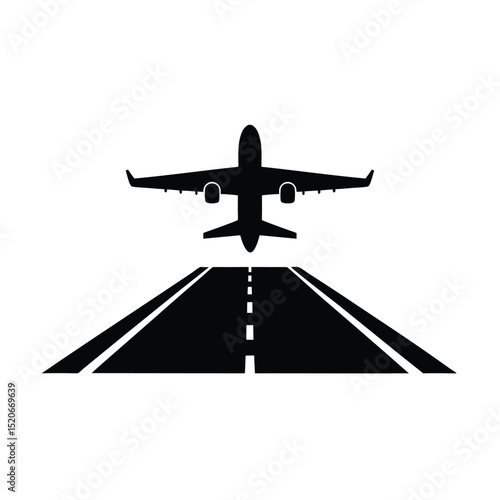 Airplane arriving at airstrip vector silhouette  