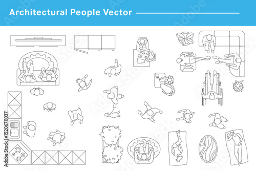 CAD Drawings. Set people outlines isolated on grey background. Sitting, walking. Top view. Vector illustration.	