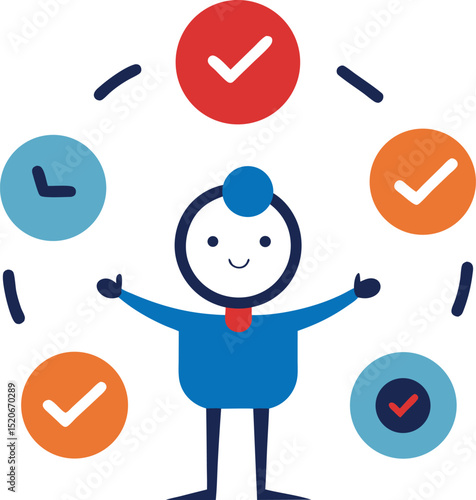 A Character Surrounded by Floating Checkmarks