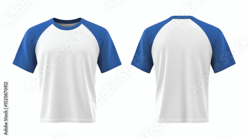 Plain White body and blue raglan short sleeve t-shirt 3D mockup showcasing front and back views for apparel design presentation on white background