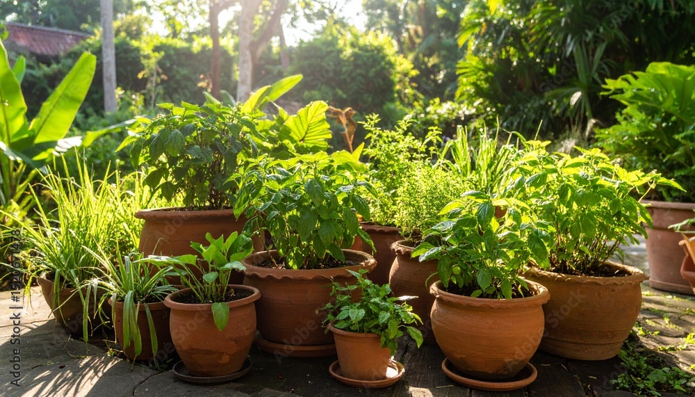 Lush basil (kemangi) plants thriving in terracotta pots under warm morning light, surrounded by turmeric and lemongrass — vibrant Indonesian herb garden scene with rich green foliage.
Lush basil (kemangi) plants thriving in terracotta pots under warm morning light, surrounded by turmeric and lemongrass — vibrant Indonesian herb garden scene with rich green foliage.