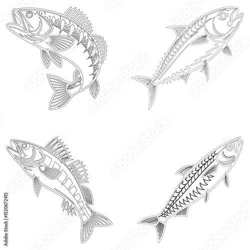 Sea fish set line art and isolated on white background illustrator eps  10