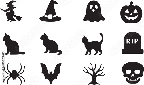 Silhouette Halloween Icons Set Featuring Witch, Ghost, Pumpkin, Cat, Skull, and More on White Background

