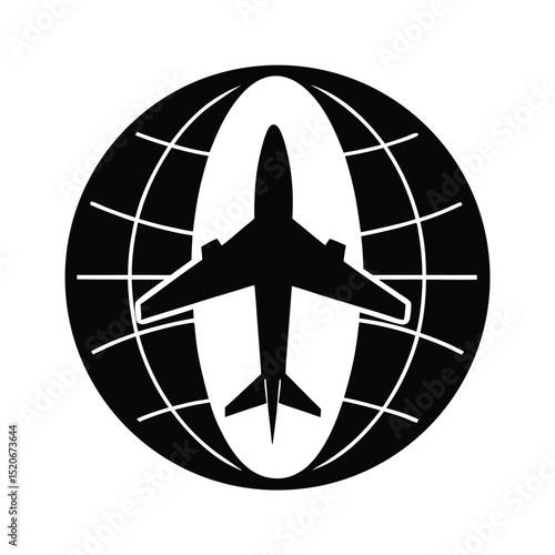 Airplane silhouette with globe background vector silhouette  