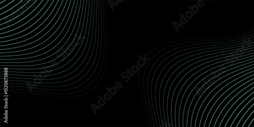 Abstract background with waves for banner. Medium banner size. Vector background with lines. Element for design isolated on black. Black, green and blue. Ocean, night, card
