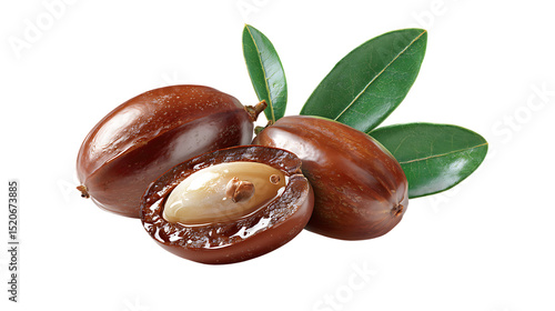 Three jojoba nuts with leaves on a transparent background isolated in PNG