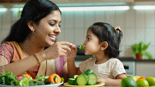 An Indian loving mother joyfully feeds fresh vegetables to her toddler in a warm kitchen setting. Vegetarians, healthy eating, family connection, parenting and child nutrition