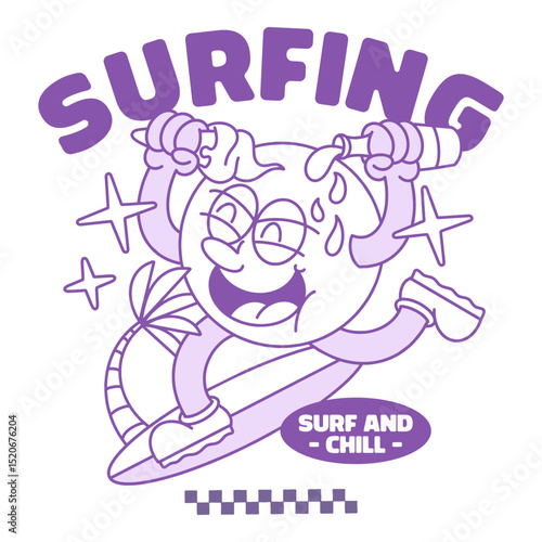 Surf And Chill Cartoon Artwork, Funny Surfer Character In Action, Playful Summer Surfing Design, Sweaty Happy Face On Board