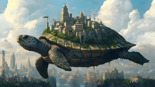 Fototapeta Naklejka Na Ścianę i Meble -  A city rests atop a giant turtle, floating above a landscape of other cities.