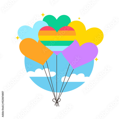 Colorful Heart Balloons Floating Against Blue Sky and Clouds with Sparkling Accents Celebrating LGBTQ Pride and Unity