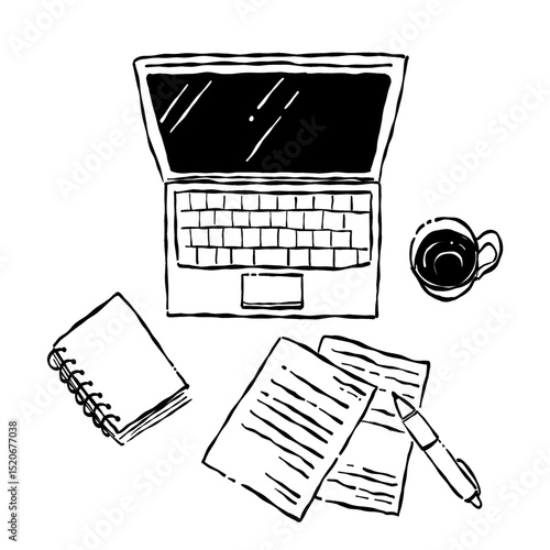 手描きテイストなコンピューターとビジネスワークスペースイメージのイラスト(モノクロ線画)
