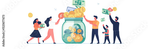 People donating money and coins into large transparent jar for charity fundraising and financial support concept in flat minimalist vector style