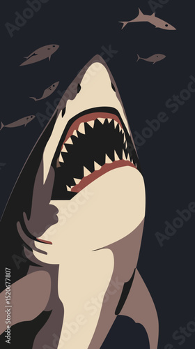 Great white shark attack underwater with open jaws and swimming fish dark ocean predatory marine animal vector illustration minimalist flat design