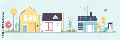 Sustainable energy saving homes with eco friendly light bulbs smart thermostat solar panels and environmentally conscious neighborhood vector illustration