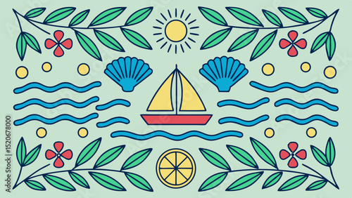 Summer vacation pattern with sailboat and seashells