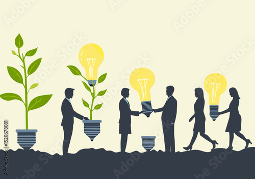 Business people nurturing lightbulb plants symbolizing innovation growth teamwork career development and success in flat minimalist vector style