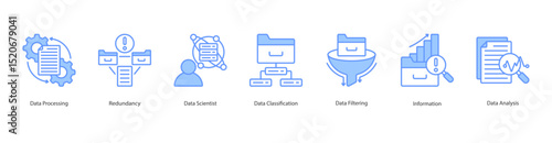 Data Processing banner web icon set vector illustration concept with icon of data processing, redundancy, data scientist, data classification, data filtering, information, data analysis