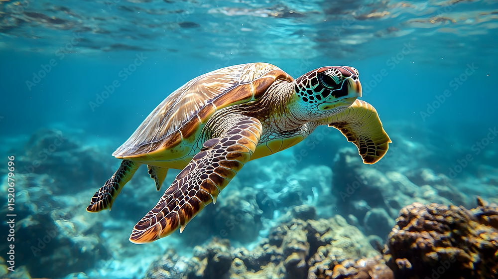 Obraz premium Sea turtle swimming in a vibrant underwater scene.