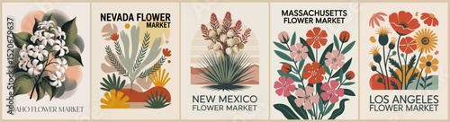 Set of mid-century modern retro Flower Market posters featuring USA state flowers including Idaho, Nevada, New Mexico, Los Angeles, and Massachusetts. Vintage botanical art for decor and design.