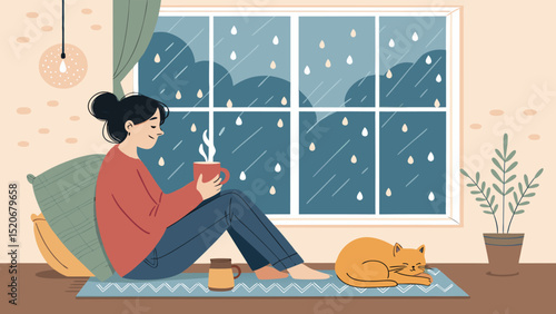 Adobe Illustrator Artwork of Cozy rainy day indoors with a person relaxing by the window holding a warm drink, cat curled up nearby, and raindrops on the glass.