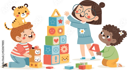 Adobe Illustrator Artwork of Children playing educational games with stacking blocks, puzzles, and animal-themed toys to learn shapes and build motor skills.